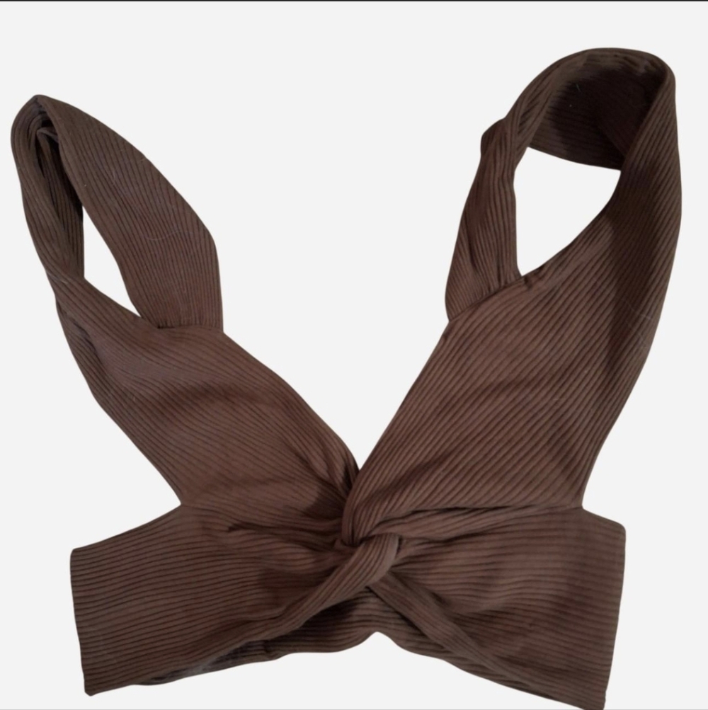 NWOT SHEIN Brown Ribbed Twist-Front Crop Top